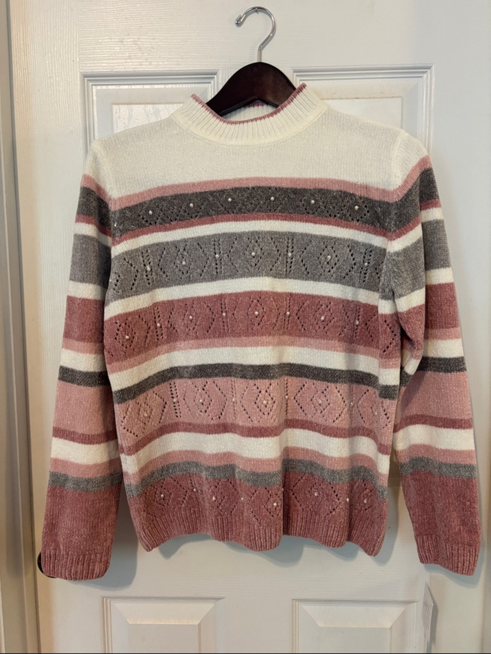 Alfred Dunner Women's Striped Mock Neck Sweater in Rose and Gray with Pearls.